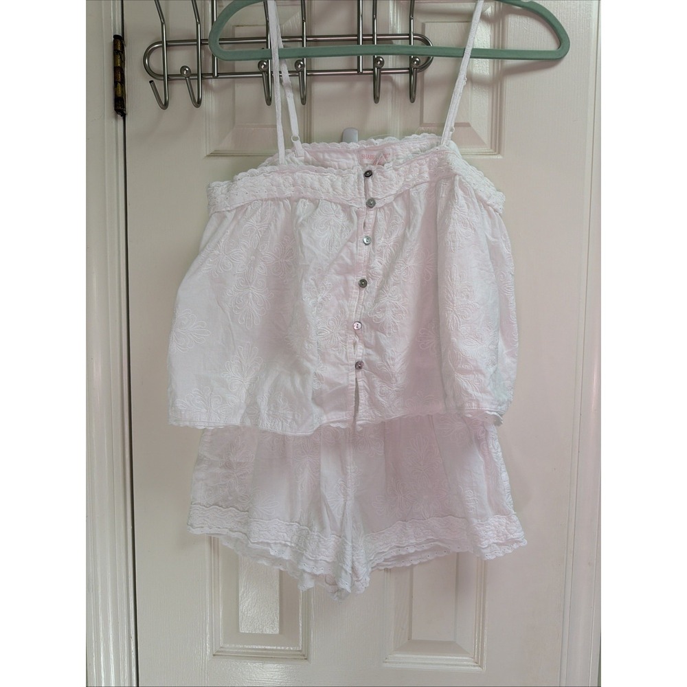 Shabby Chic White Cotton Pajama Set 2 PC Set Sleep Button Down Eyelet Trim Sz S